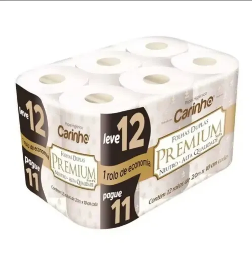 Carinho papel higiênico Premium Folhas Duplas Leve 12 Pague 11 100% Celulose Virgem