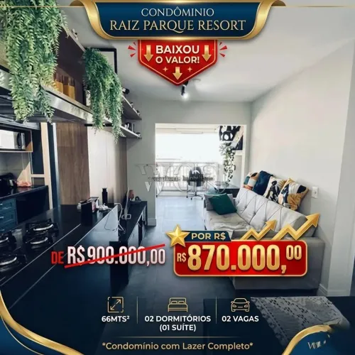 Apartamento para Locação e Venda 02 dormitórios (01 suíte), 02 vgs - Condomínio Raiz Parqu
