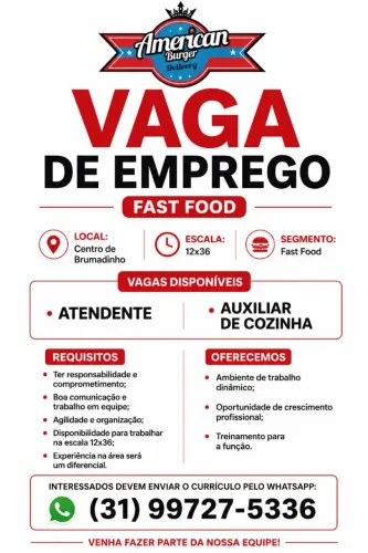 FAST FOOD CONTRATA - Auxiliar de Cozinha e Atendente 