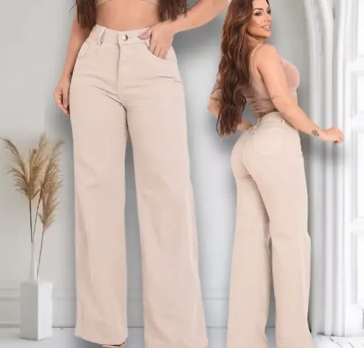 Calça Wide Leg Jeans Feminina Pantalona Cós Alto Premium PREMIUM Premium