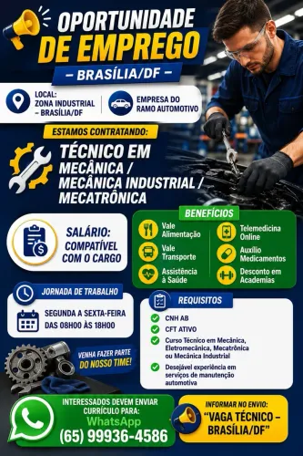 Vaga de emprego- Mecânico- Aux Mecânica- Técnico Mecânica- Eletrôtecnica