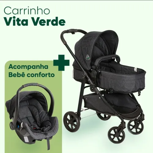 Carrinho De Bebê + Bebê Conforto + Base Modelo Ext. Vita Verde Galzerano Preto