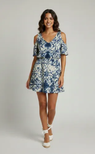 Vestido Curto Tie Dye Azul e Branco Manga 3/4 G