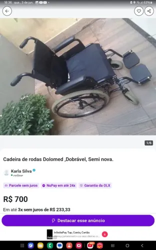 Cadeira de rodas Dollomed, semi nova, dobrável.