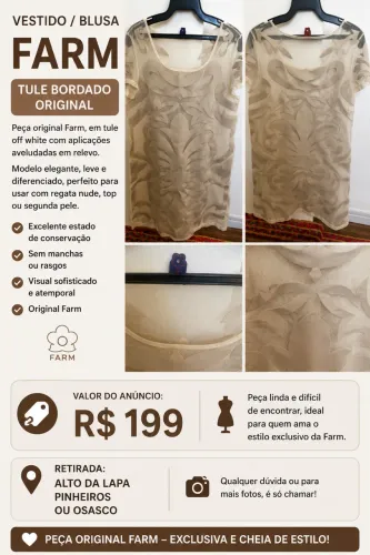 Blusa/Vestido Farm em Tule Bordado Off White - Original