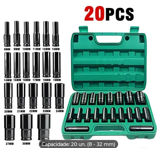20PCS Jogo de soquetes de impacto longo 1/2 Pol. 8mm - 32mm