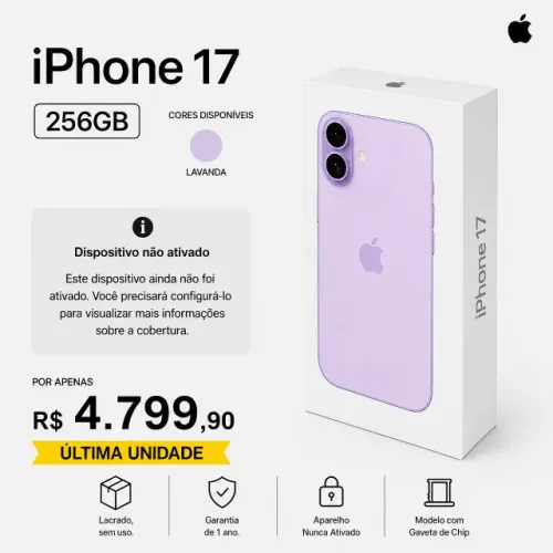 Apple iPhone 17 6,3" 256GB Novo Nunca Ativado Garantia Open Box Lavanda Preto Branco Azul