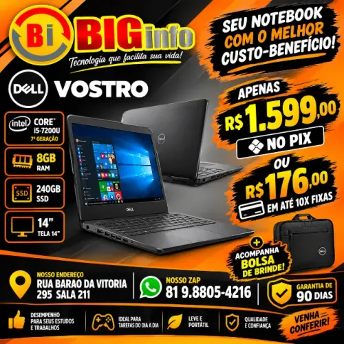 Notebook Dell Vostro Intel I5 - 7º Geracao - 8gb DDR4 - Ssd 256gb - Em ate 10x Fixas