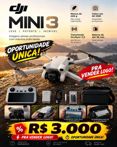 DJI Mini 3 4K + Controle com Tela + Acessórios | R$ 3.000