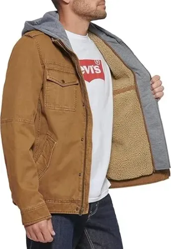 Jaqueta Levis Sherpa militar masculina de algodão lavado c/ capuz, Brinde Levis na compra
