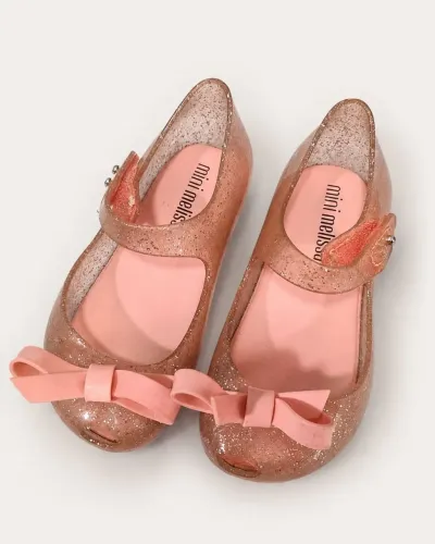 ? Mini Melissa infantil rosa com glitter e laço, tamanho 22