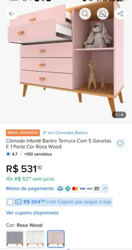 Cômoda rosa 5 gavetas e 1 porta