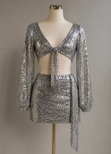 Conjunto Feminino Paetê Prata Cropped + Saia Festa Brilho