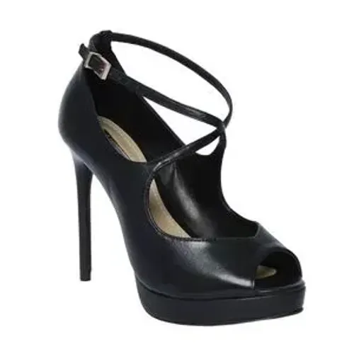 Peep toe dumond couro preto tiras transpassadas n. 35