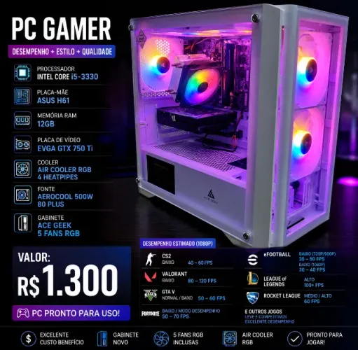 PC GAMER i5 + GTX 750 Ti EVGA + 12GB RAM + RGB - R$ 1.300