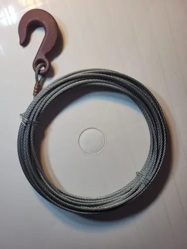 Cabo de aço 4.8 mm (3/16") 15 metros com gancho olhal. Novo (sem uso).