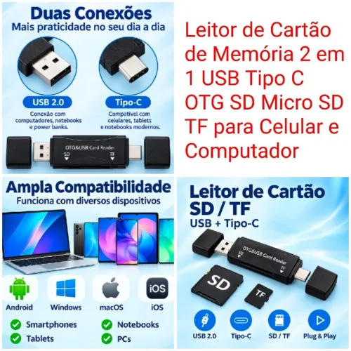 Leitor de Cartão de Memória 2 em 1 USB Tipo C OTG SD Micro SD TF para Celular e Computador