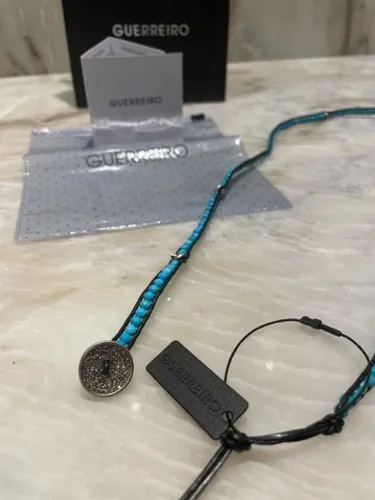 Guerreiro - Pulseira  de Pedras Turquesa Botão em Prata + Diamantes
