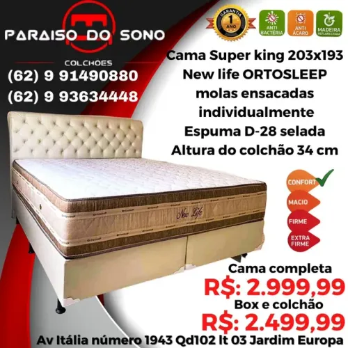 Cama box Super King com a cabeceira colchão New Life 34 cm
