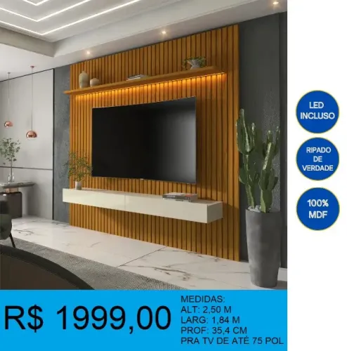 Painel com 1,85 m ripado e nicho - Entrega e montagem inclusa