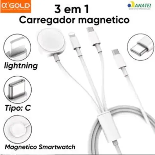 Carregador Magnético 3 em 1 - Lightning, Tipo C e Smartwatch