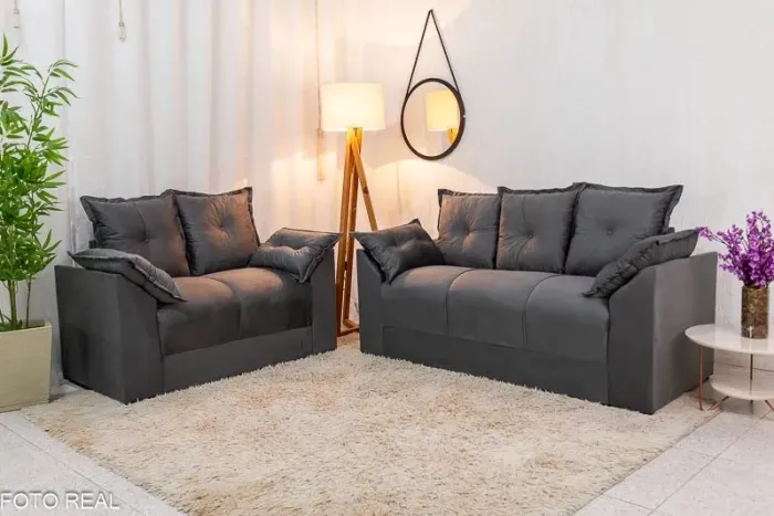 Sofá 3 e 2 lugares Petra Veludinho Cinza rf76