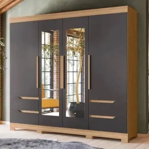 Guarda Roupa Albatroz Vivacce com 04 Portas 04 Gavetas e Espelho na Cor Nature/Titanium