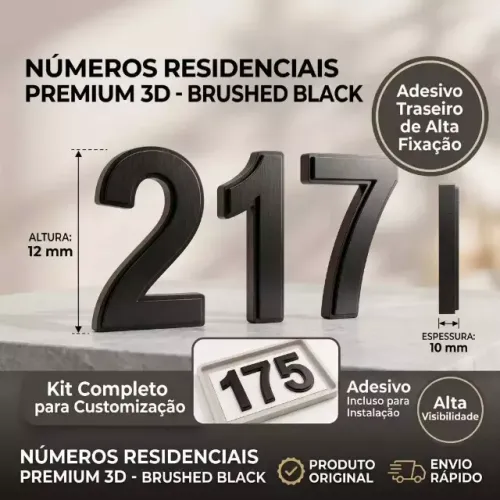 Kit 3 Números Residenciais 3D 11cm Preto Com Fita Dupla Face Alto Relevo