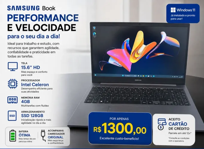 Notebook Samsung Book ultrafino 128SSD Windows 11 tela 15.6 Antirreflexo