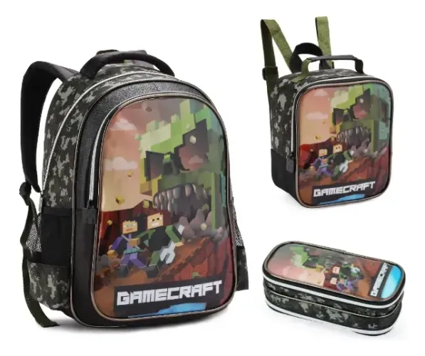 Kit Mochila Costas Lancheira Estojo Gamecraft