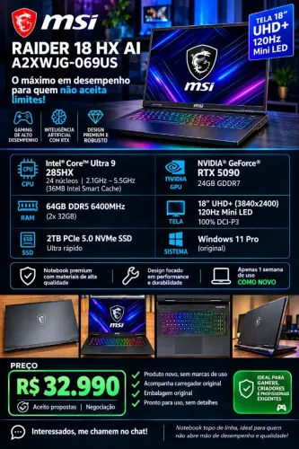 Laptop Gamer MSI Raider 18 HX AI, RTX 5090, 64GB RAM