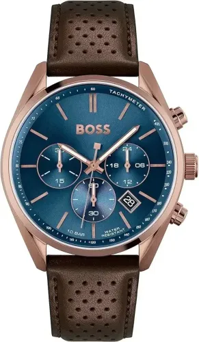 Relógio Masculino BOSS Champion Blue Rose Gold 1513817 44mm Pulseira de Couro Marrom