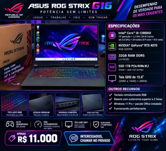 Notebook Gamer Asus Rog Strix G16 i9-13980HX, 32gb Ram, SSD 1Tb, RTX 4070