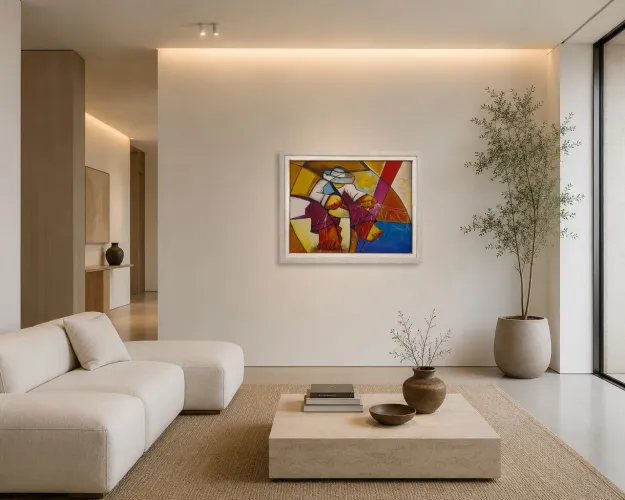 Quadro Decorativo Pescador Estilizado Cubista Pintado à Mão com Moldura