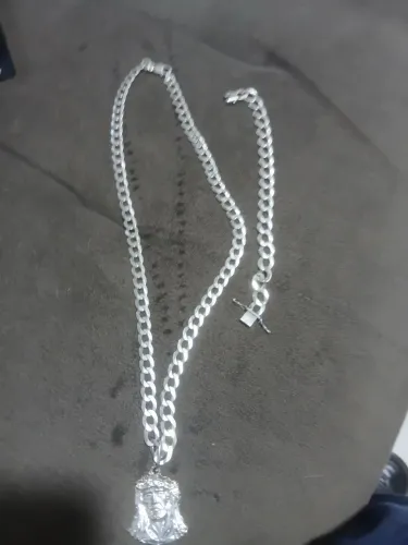 Pulseira e cordão de prata pura deitada cordão 13mm e 70 ctm *