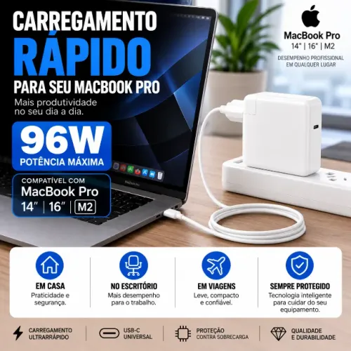 Carregador 96W Compatível com Macbook Pro Com Cabo Tipo C