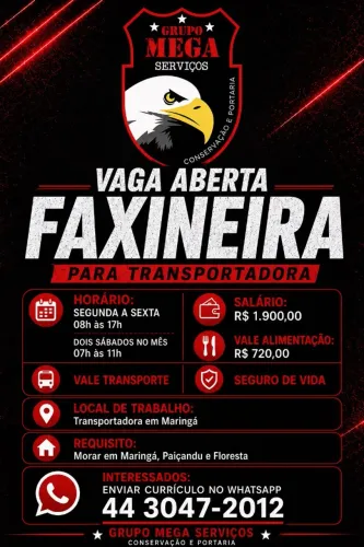 FAXINEIRA PARA TRANSPORTADORA, COM EXPERIENCIA