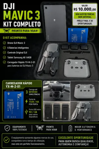 Mavic 3 com 6 Baterias, Controle, Tablet Sansung A8, Carregador rápido e Case maleta