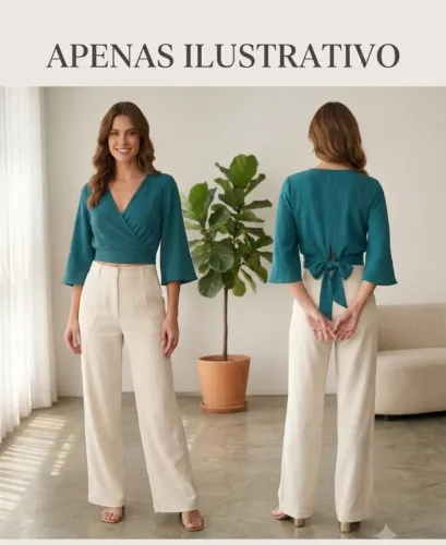 Blusa Cropped Transpassada Verde Petróleo - Manga Flare / Amarração nas Costas