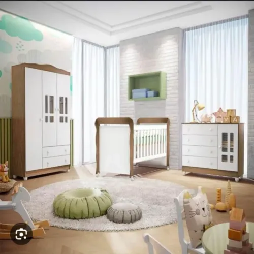 Quarto de Bebê Completo Carolina Baby (Guarda-Roupa 3 portas + Cômoda + Berço Mini Cama).