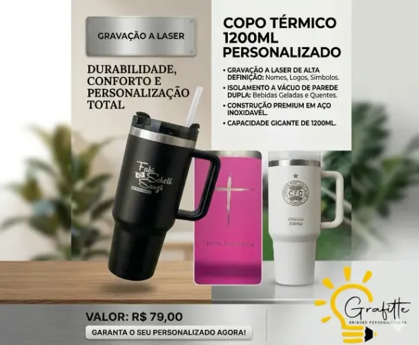 Copo térmico 1200ml - Gravação laser!! Personalizado