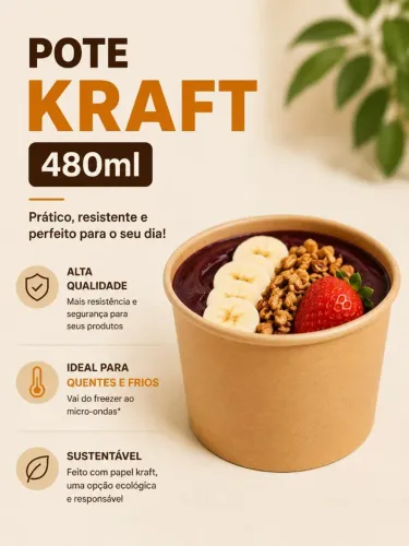 Pote Kraft 480ml com Tampa - Kit 25, 50 ou 100 Unidades