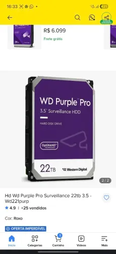 Hd WD Purple Pro 22 teras Novo