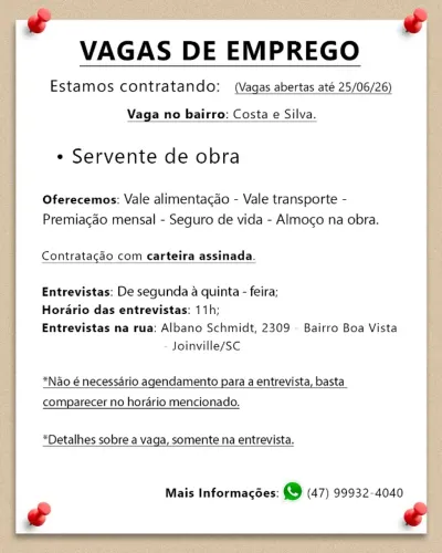 Servente de obra. Joinville/SC