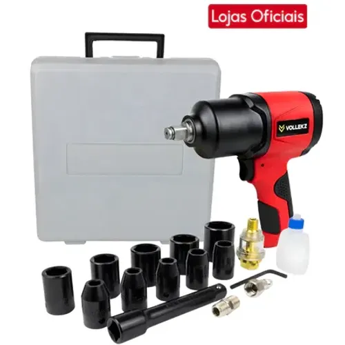 Kit Chave de Impacto Pneumática 1/2 Pol 600Nm Twin Hammer Vollekz 17p e Maleta