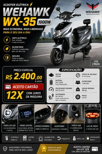 ? SCOOTER ELÉTRICA WEHAWK WX-35 1000W - COR CINZA