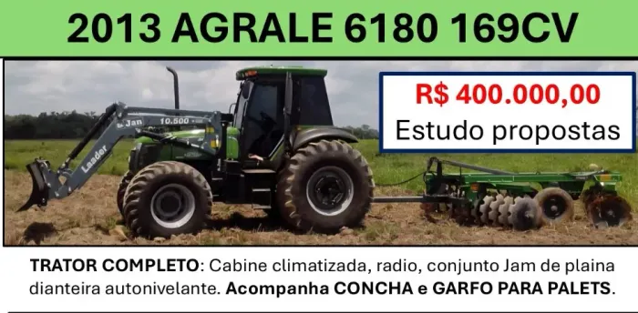 Trator Agrale 6180 (2013) 169 CV 4x4 Cabinado + Plaina Jan 10.500, Concha e Garfo - Colíde