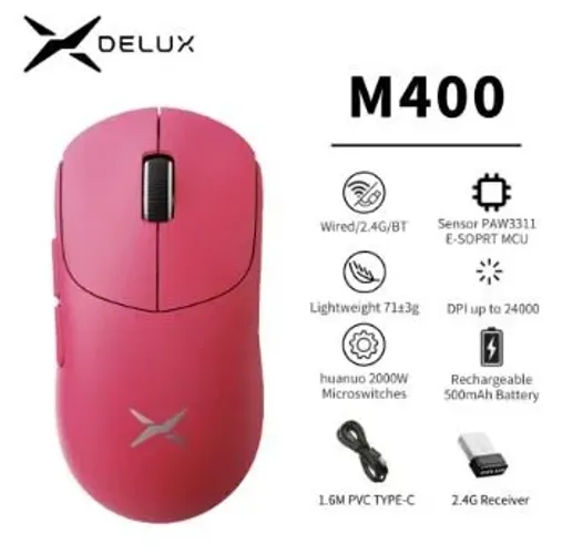 Mouse Gamer Delux M400 Rosa - 12.000 DPI, 49g, 1000Hz, 2.4GHz