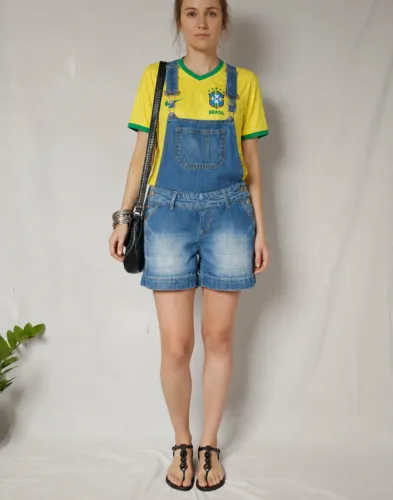 Macaquinho Jardineira Jeans Feminina 100% Algodão - Blue Steel