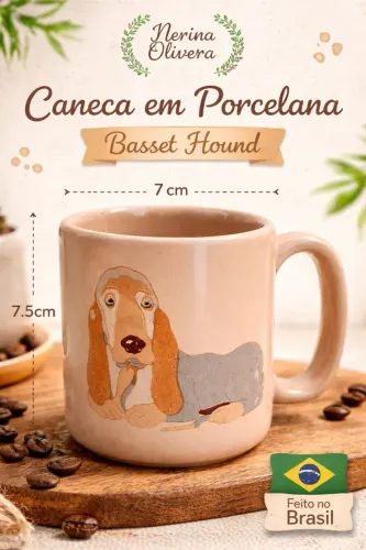 Caneca em Porcelana | ilustração Basset Hound | Nerina Oliveira | Frete Grátis